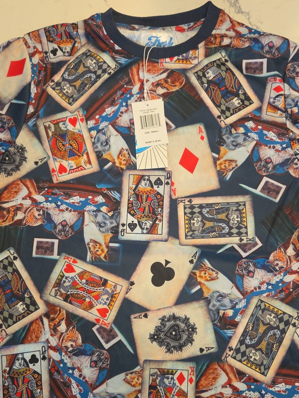 Novelty Playing Cards & Dogs Short Sleeve Shirt - Blue